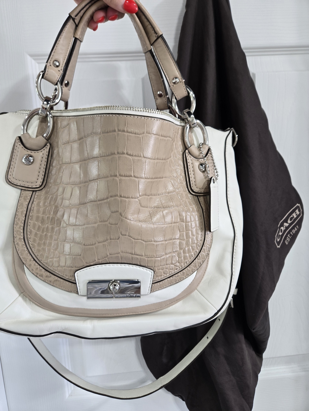 Coach Beige & White Croc-Embossed Leather Shoulder Bag - Picture 10 of 10